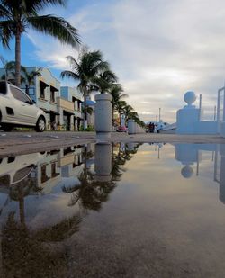 Reflection of building in puddle