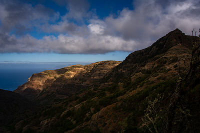 Scenic view of sea and mountains against sky