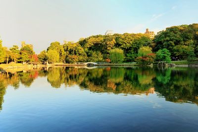 Scenic view of lake by trees against sky