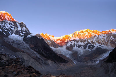 Scenic view of snowcapped mountains against clear sky