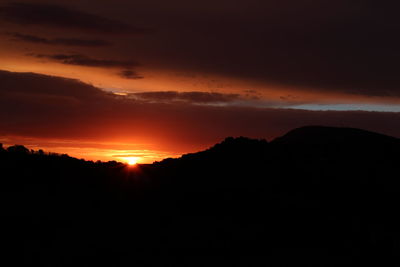 Silhouette landscape against dramatic sky during sunset