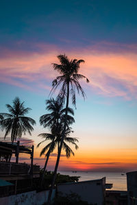 Silhouette palm tree by sea against romantic sky at sunset
