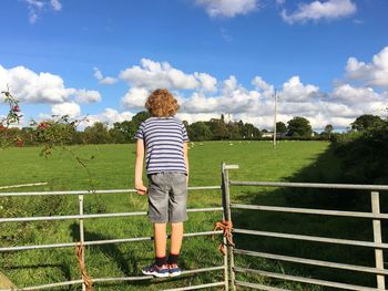 Rear view of boy standing on metallic fence at farm against sky