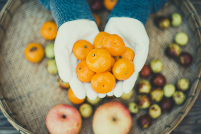 High angle view of hand holding orange fruit
