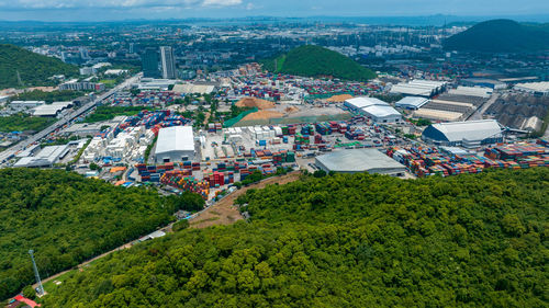 High angle view of townscape by sea