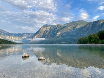 Scenic view of lake and mountains against sky