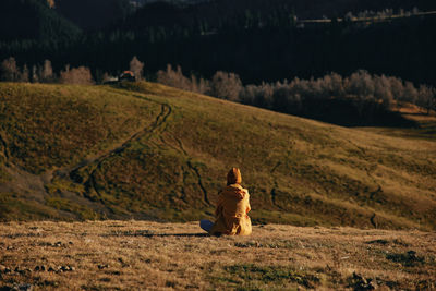 Rear view of woman sitting on field