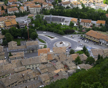 High angle view of swimming pool in city