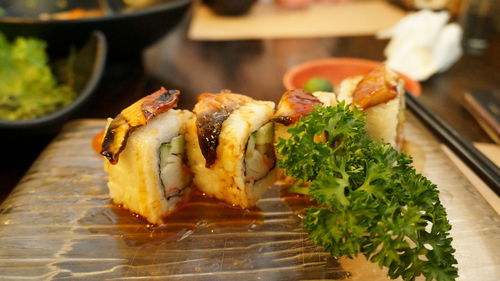 Close-up of sushi  in plate