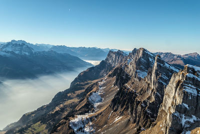 Scenic view of snowcapped mountains against clear sky