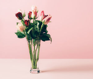 Close-up of pink flower vase on table against wall