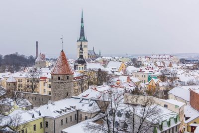 High angle view of buildings against sky during winter