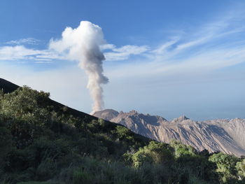 Smoke emitting from volcanic mountain against sky