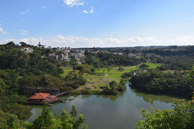 High angle view of lake and landscape against sky on sunny day