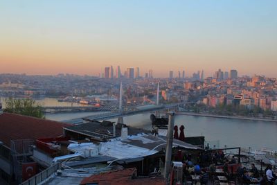 High angle view of city at sunset