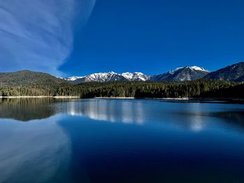 Scenic view of lake and mountains against blue sky