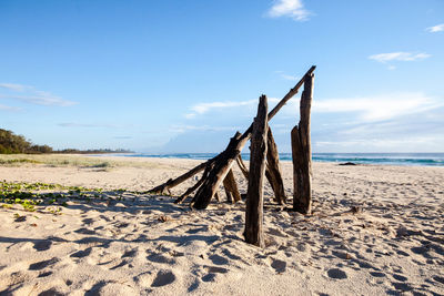 Wooden posts on beach against sky