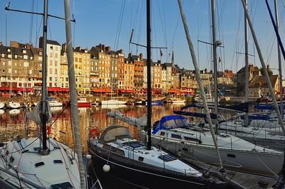 Boats moored at harbor against clear sky