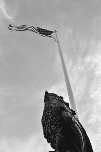 Low angle view of bird perching on pole against sky