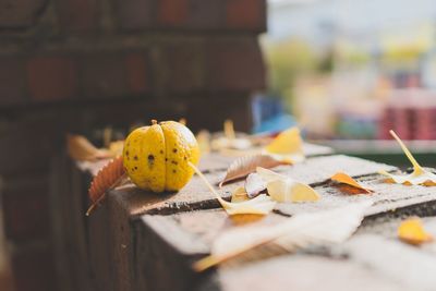 Close-up of yellow autumn leaves on table