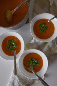 High angle view of soup in bowl on table