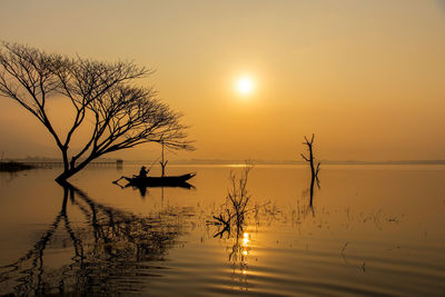 Silhouette tree by lake against sky during sunset