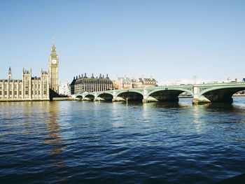 Bridge over river with city in background