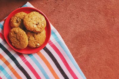 High angle view of cookies in plate on table