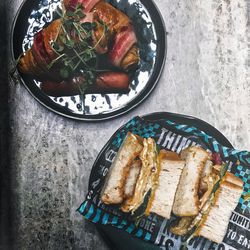High angle view of meal served on table