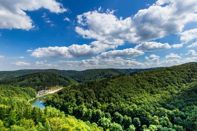 High angle view of trees on landscape against sky