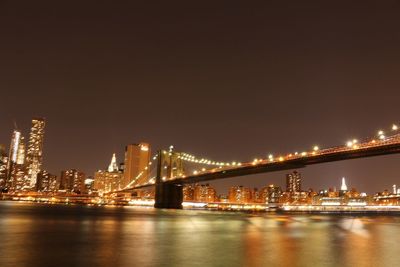 Suspension bridge over river at night