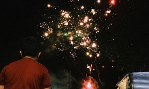 Rear view of firework display at night