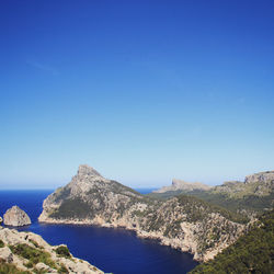 Panoramic view of sea and mountains against clear blue sky