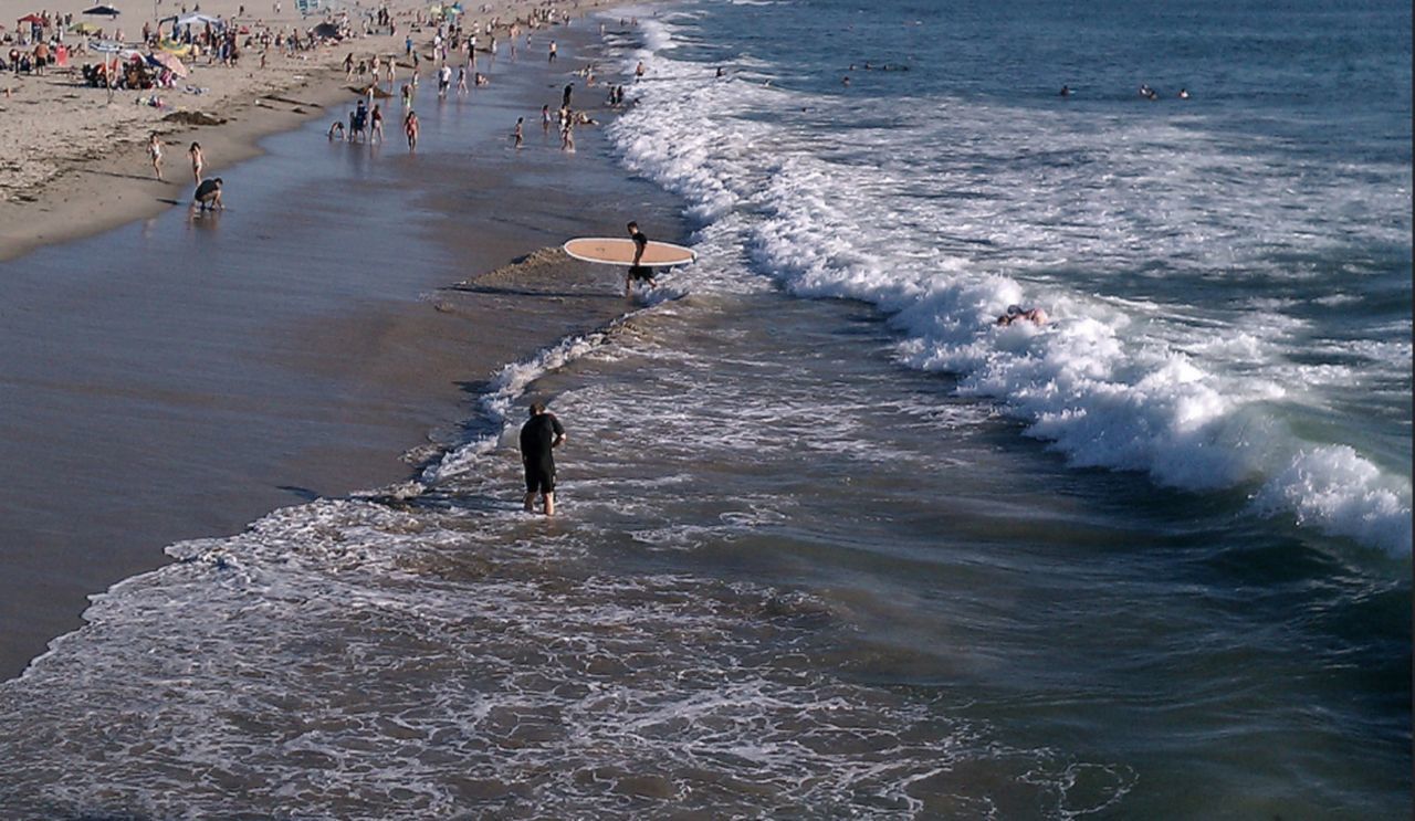 HIGH ANGLE VIEW OF MAN STANDING ON SEA