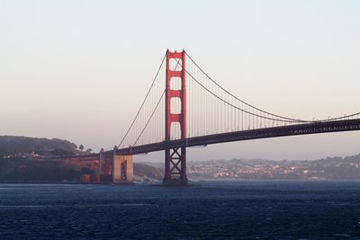 Suspension bridge over river against sky