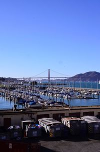 View of harbor against clear blue sky