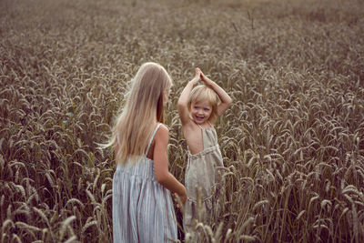 Two sisters blonde girls in dresses stand in a field with wheat ears in the summer