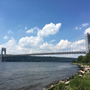 Bridge over river against cloudy sky