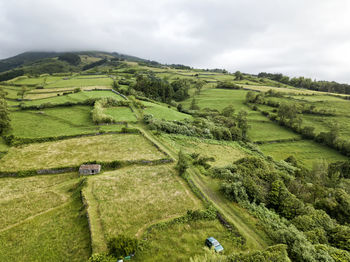 High angle view of agricultural field against sky