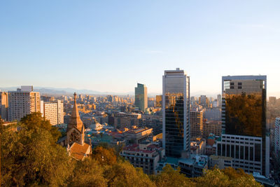 High angle view of cityscape against clear sky