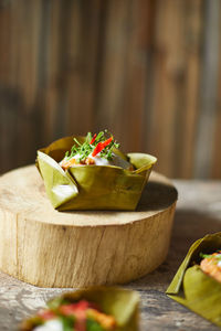 Close-up of food served on table