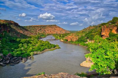 Scenic view of river amidst trees against sky