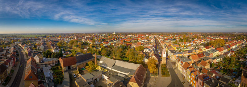 High angle shot of townscape against sky