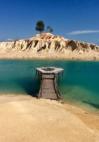 Scenic view of beach against clear blue sky