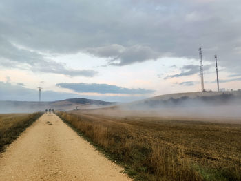 People walking on dirt road amidst plants