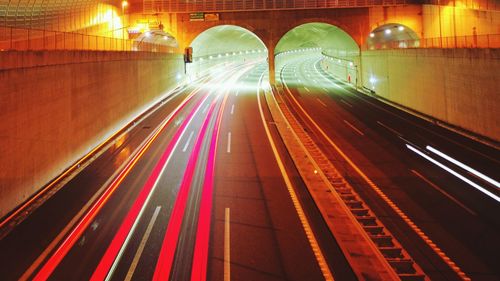 Light trails on road at night