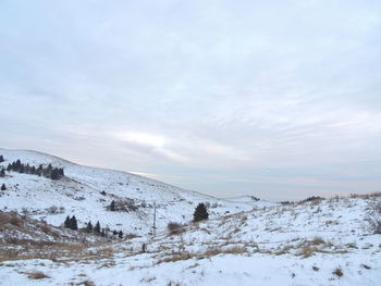 Snow covered landscape against sky