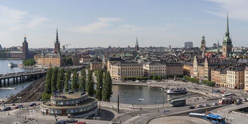 High angle view of cityscape against cloudy sky