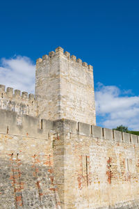 Low angle view of old ruins against clear blue sky