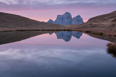 Scenic view of lake against sky during sunset